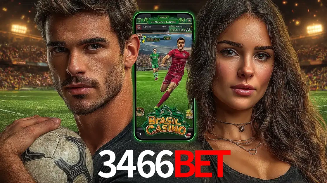 Homem segurando uma bola de futebol e uma mulher ao lado de um smartphone exibindo o jogo de apostas esportivas da 3466BET. Faça seu palpite no cassino online.